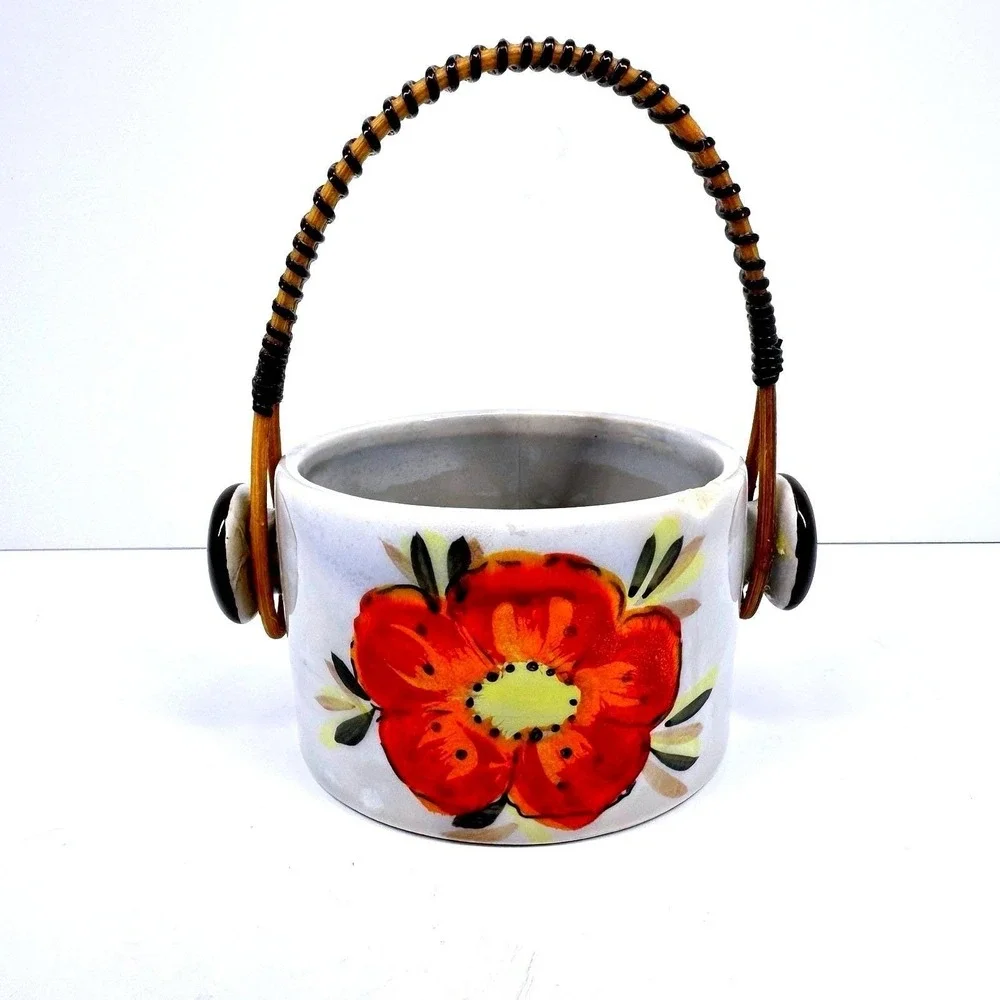 Vintage Mini Ceramic Basket Red Floral Wire Wrapped Handle Cottage‎ Decor